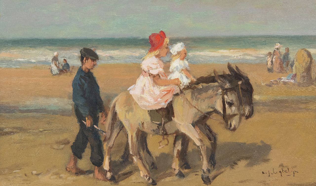 Ligtelijn E.J.  | Evert Jan Ligtelijn | Schilderijen te koop aangeboden | Ezeltje rijden op het strand, olieverf op paneel 23,9 x 40,3 cm, gesigneerd rechtsonder