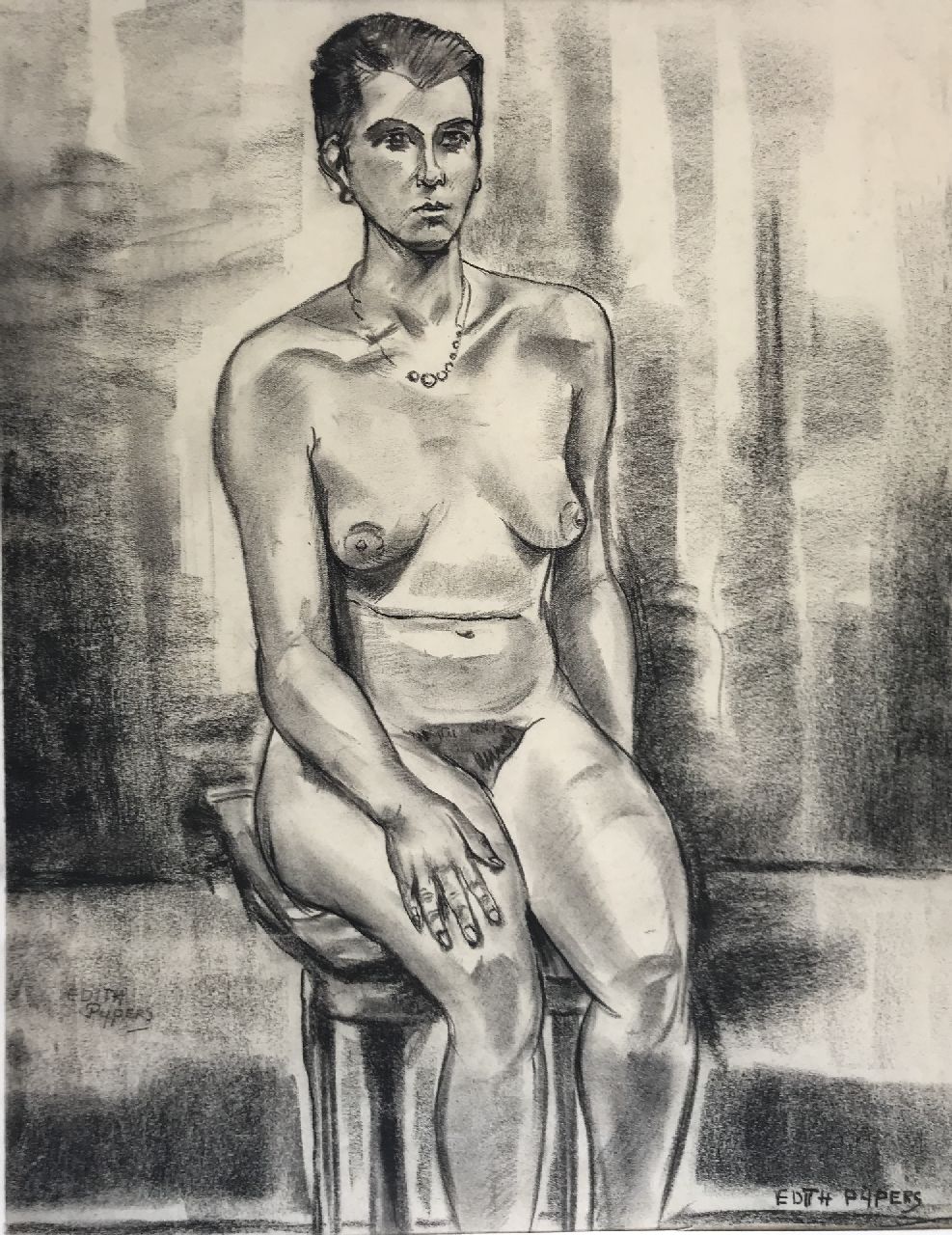 Pijpers E.E.  | 'Edith' Elizabeth Pijpers | Aquarellen en tekeningen te koop aangeboden | Zittend naakt, houtskool op papier 45,0 x 36,5 cm, gesigneerd linksonder en rechtsonder