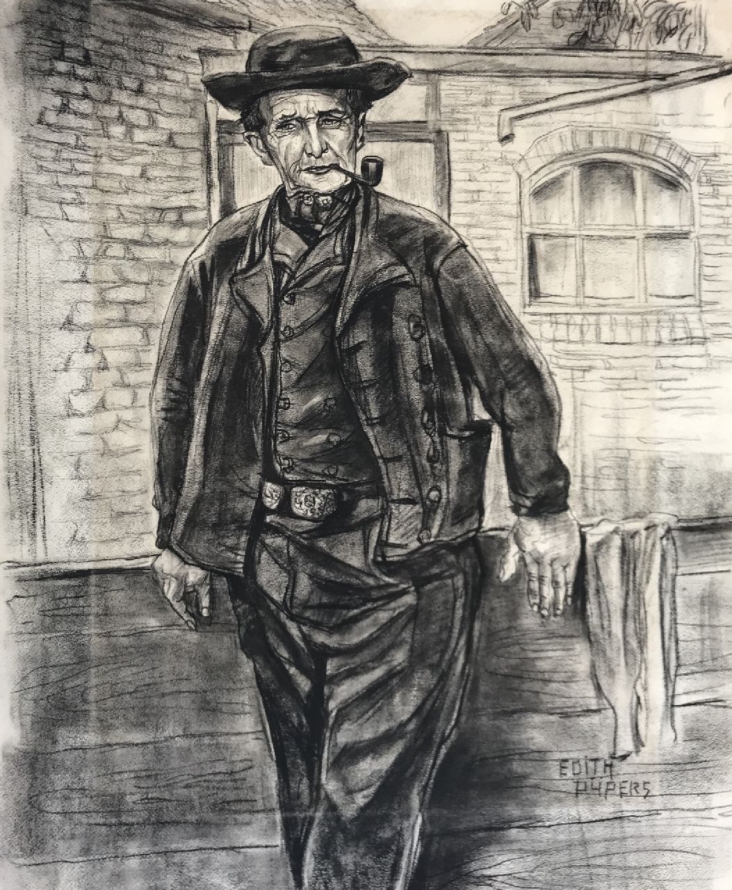 Pijpers E.E. | 'Edith' Elizabeth Pijpers | Aquarellen en tekeningen te koop aangeboden | Portret van een boer, houtskool op papier 60,2 x 49,9 cm, gesigneerd rechtsonder Pijpers E.E. | 'Edith' Elizabeth Pijpers | Aquarellen en tekeningen te koop aangeboden | Portret van een boer, houtskool op papier 60,2 x 49,9 cm, gesigneerd rechtsonder