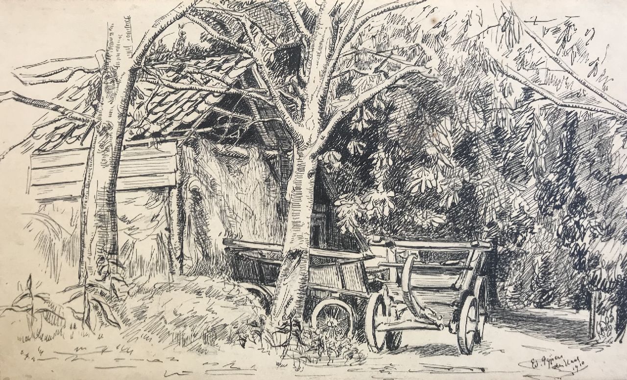 Pijpers E.E. | 'Edith' Elizabeth Pijpers | Aquarellen en tekeningen te koop aangeboden | Paardenkarren op boerenerf, pen op papier 14,6 x 24,0 cm, gesigneerd rechtsonder en gedateerd 'Den Haag' 1910 Pijpers E.E. | 'Edith' Elizabeth Pijpers | Aquarellen en tekeningen te koop aangeboden | Paardenkarren op boerenerf, pen op papier 14,6 x 24,0 cm, gesigneerd rechtsonder en gedateerd 'Den Haag' 1910