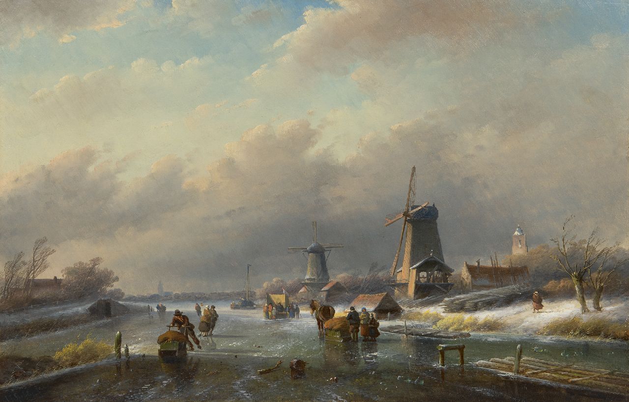 Spohler J.J. | Jan Jacob Spohler | Schilderijen te koop aangeboden | IJsgezicht met schaatsers bij houtzaagmolens, olieverf op paneel 40,5 x 62,9 cm, gesigneerd linksonder Spohler J.J. | Jan Jacob Spohler | Schilderijen te koop aangeboden | IJsgezicht met schaatsers bij houtzaagmolens, olieverf op paneel 40,5 x 62,9 cm, gesigneerd linksonder