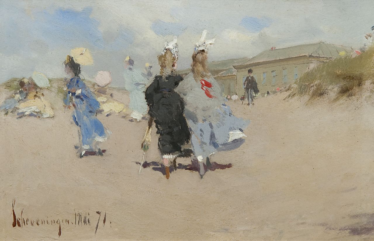 Kaemmerer F.H.  | Frederik Hendrik Kaemmerer, Elegante dames op het strand van Scheveningen, olieverf op board 15,5 x 24,0 cm, gesigneerd linksonder en gedateerd 'Scheveningen' Mai '71