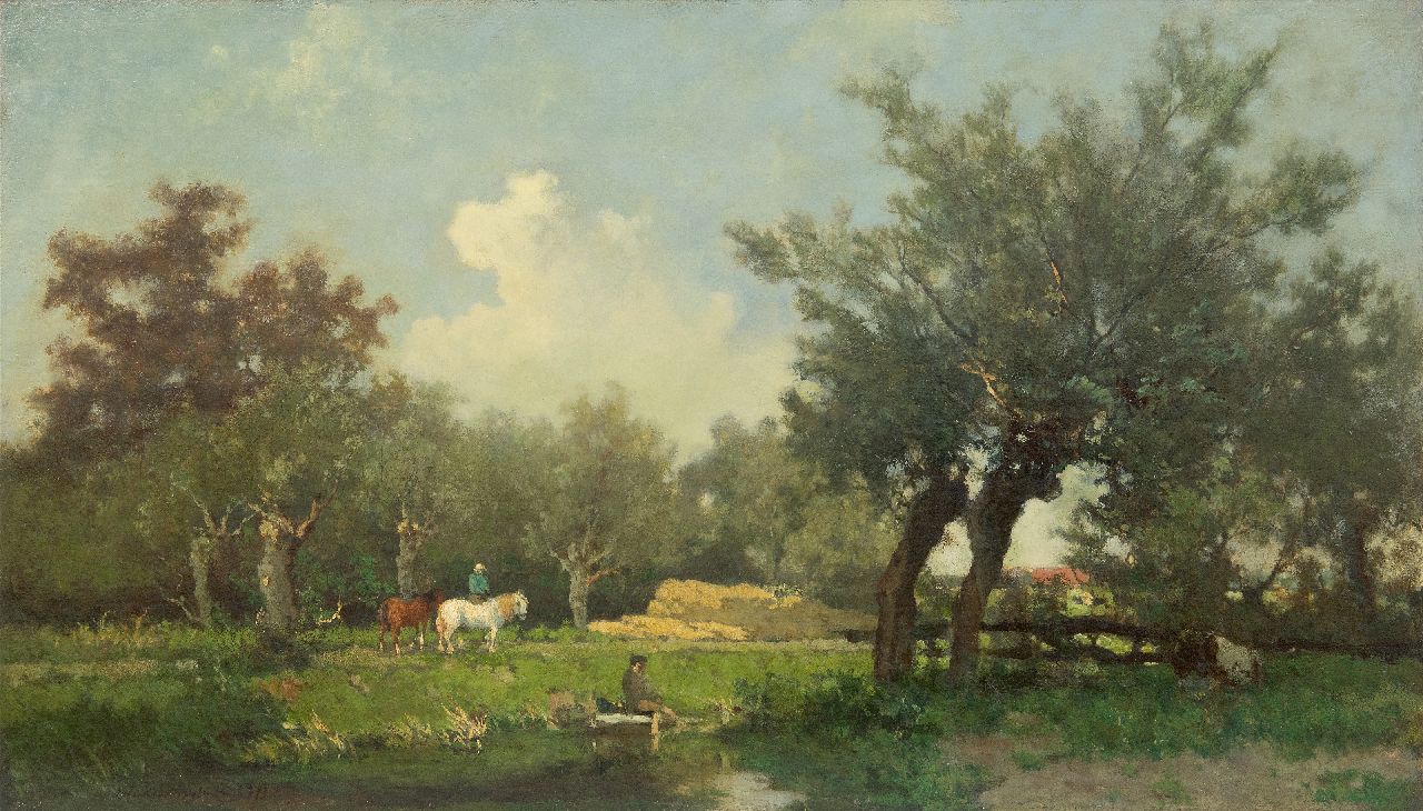 Weissenbruch H.J. | Hendrik Johannes 'J.H.' Weissenbruch, Ruiters bij een plas, olieverf op doek op paneel 48,5 x 84,0 cm, gesigneerd linksonder en gedateerd '73 Weissenbruch H.J. | Hendrik Johannes 'J.H.' Weissenbruch, Ruiters bij een plas, olieverf op doek op paneel 48,5 x 84,0 cm, gesigneerd linksonder en gedateerd '73