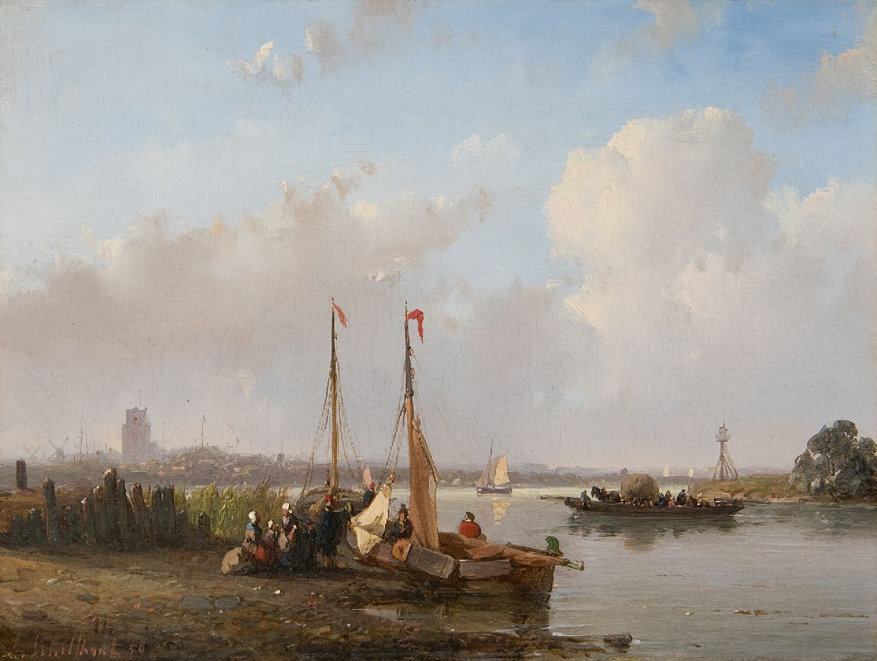 Schelfhout A. | Andreas Schelfhout, Een zomerdag op het water bij Dordrecht, olieverf op paneel 17,3 x 22,7 cm, gesigneerd linksonder en gedateerd '50 Schelfhout A. | Andreas Schelfhout, Een zomerdag op het water bij Dordrecht, olieverf op paneel 17,3 x 22,7 cm, gesigneerd linksonder en gedateerd '50