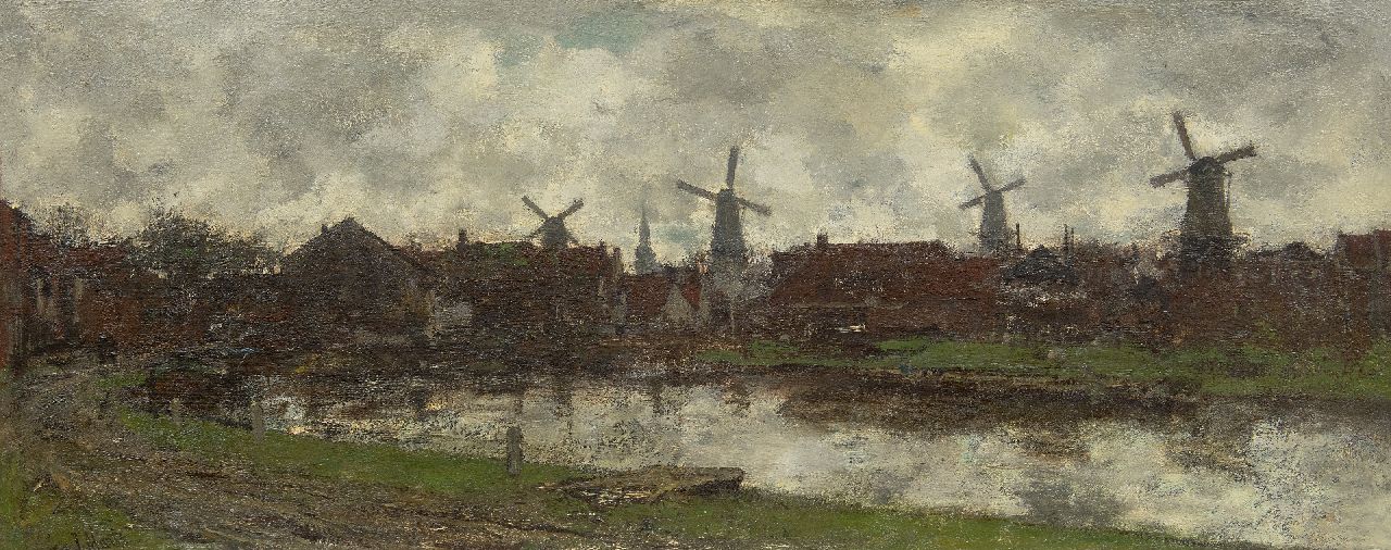 Maris J.H.  | Jacobus Hendricus 'Jacob' Maris, De vier windmolens, Schiedam, olieverf op doek 45,0 x 112,6 cm, gesigneerd linksonder