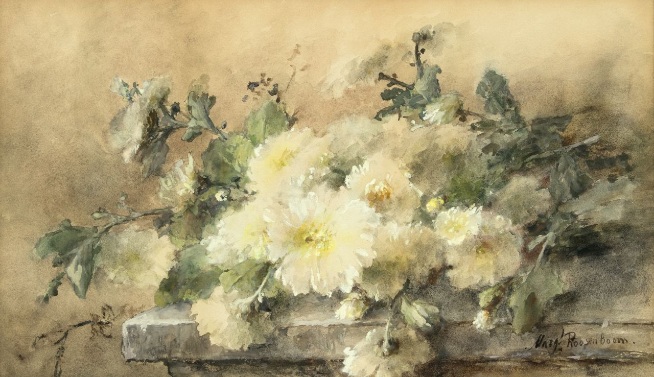 Roosenboom M.C.J.W.H.  | 'Margaretha' Cornelia Johanna Wilhelmina Henriëtta Roosenboom | Aquarellen en tekeningen te koop aangeboden | Witte chrysanten op een stenen plint, aquarel op papier 44,6 x 74,9 cm, gesigneerd rechtsonder