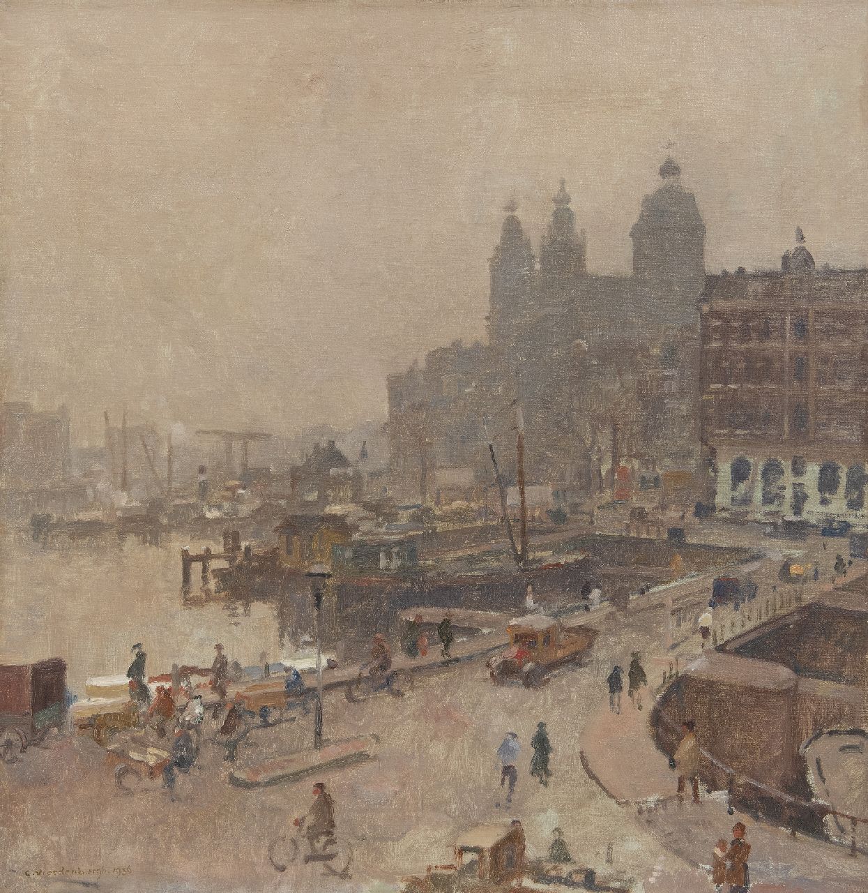 Vreedenburgh C.  | Cornelis Vreedenburgh | Schilderijen te koop aangeboden | Gezicht op Amsterdam met de Nieuwe Brug en de St. Nicolaaskerk, olieverf op doek 52,3 x 50,7 cm, gesigneerd linksonder en gedateerd 1936