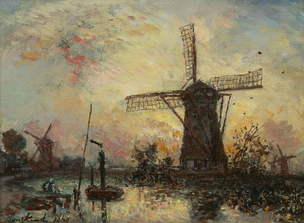 Jongkind J.B. | Johan Barthold Jongkind, Moulins au bord d'un canal, Hollande, olieverf op doek 24,6 x 33,0 cm, gesigneerd linksonder en gedateerd 1869 Jongkind J.B. | Johan Barthold Jongkind, Moulins au bord d'un canal, Hollande, olieverf op doek 24,6 x 33,0 cm, gesigneerd linksonder en gedateerd 1869