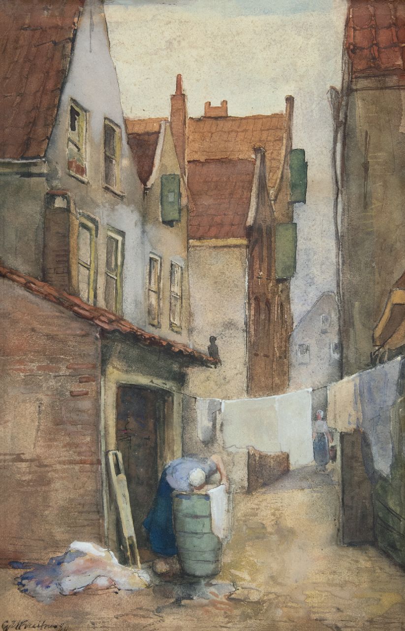 Breitner G.H. | George Hendrik Breitner, Rotterdams steegje met wasvrouw, aquarel op papier 39,1 x 25,7 cm, gesigneerd linksonder en gedateerd '80 Breitner G.H. | George Hendrik Breitner, Rotterdams steegje met wasvrouw, aquarel op papier 39,1 x 25,7 cm, gesigneerd linksonder en gedateerd '80