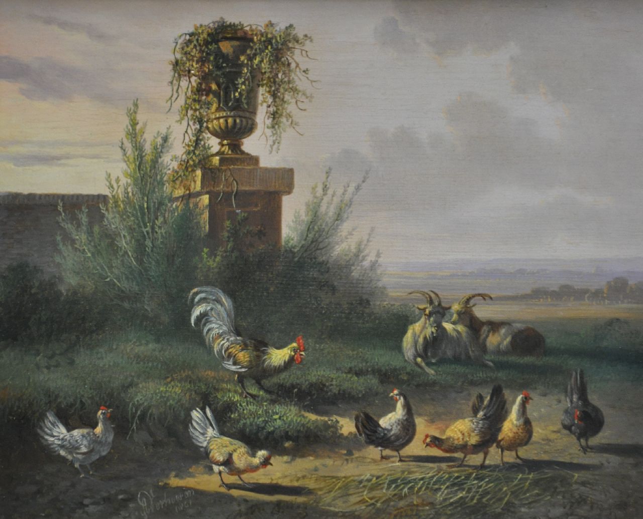 Verhoesen A. | Albertus Verhoesen, Landschap met pluimvee en twee bokken, olieverf op paneel 18,0 x 22,1 cm, gesigneerd linksonder en gedateerd 1861 Verhoesen A. | Albertus Verhoesen, Landschap met pluimvee en twee bokken, olieverf op paneel 18,0 x 22,1 cm, gesigneerd linksonder en gedateerd 1861