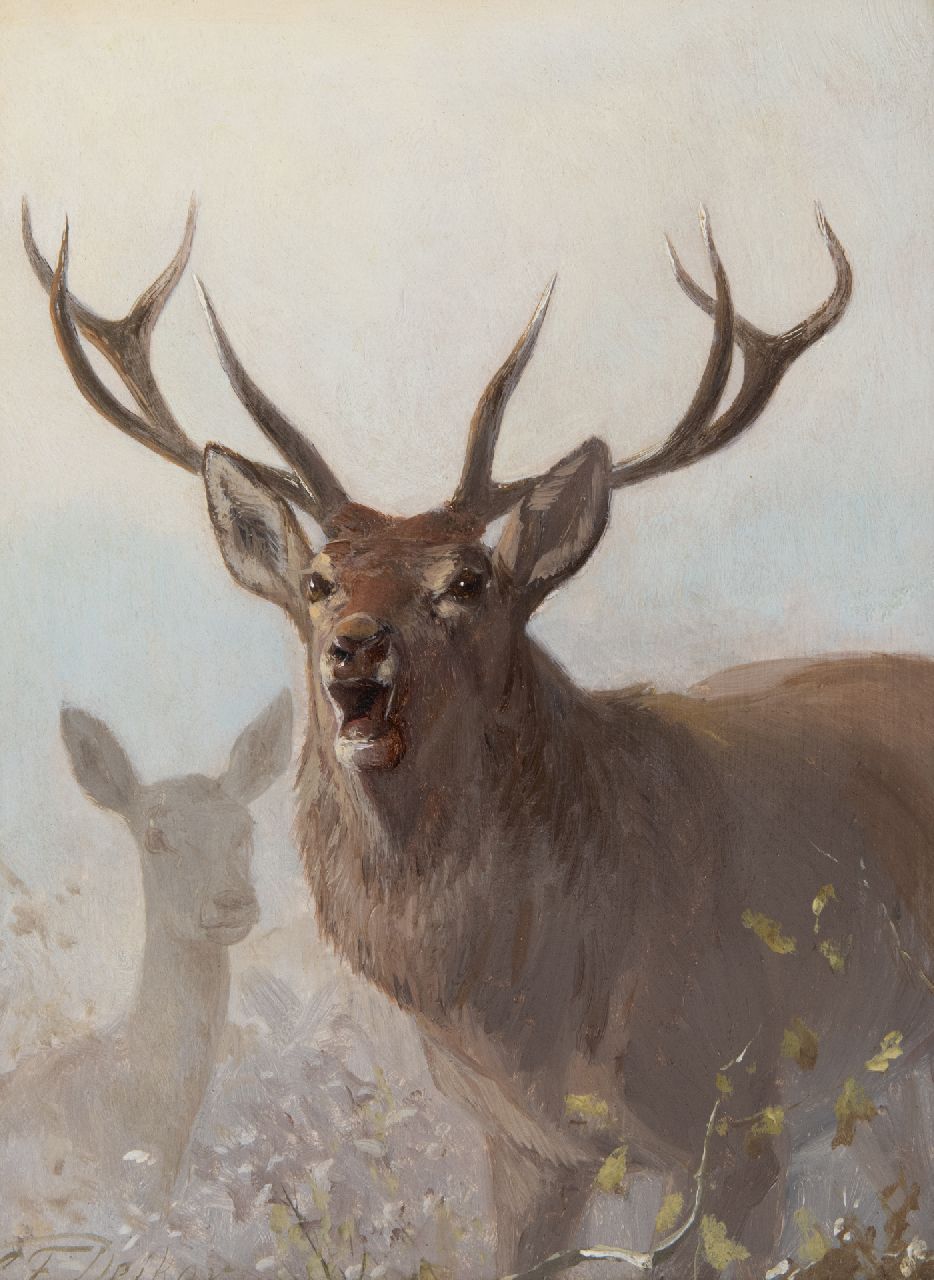Deiker C.F. | Carl Friedrich Deiker, Burlend edelhert, olieverf op paneel 27,0 x 20,3 cm, gesigneerd linksonder Deiker C.F. | Carl Friedrich Deiker, Burlend edelhert, olieverf op paneel 27,0 x 20,3 cm, gesigneerd linksonder