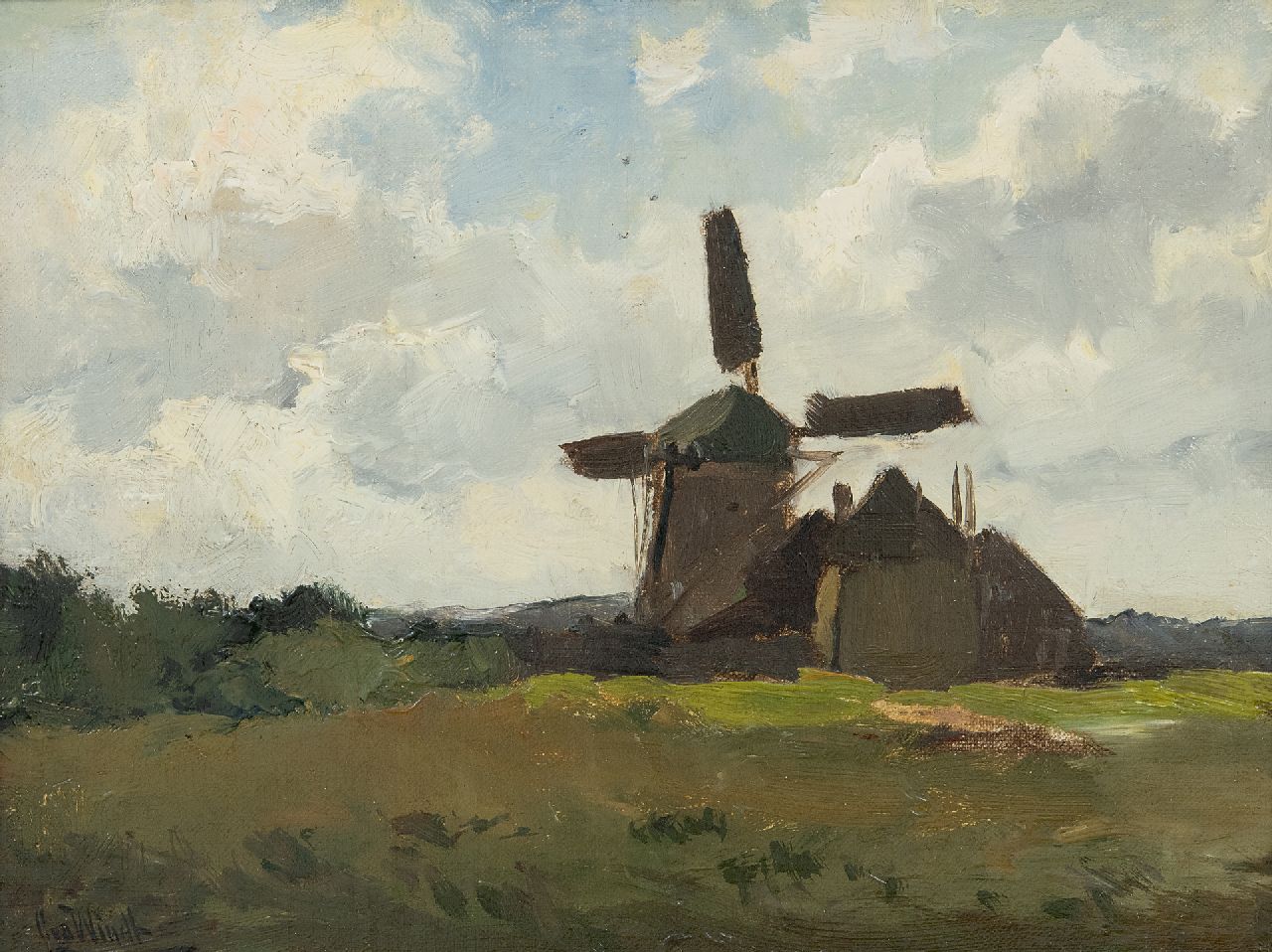 Windt Ch. van der | Christophe 'Chris' van der Windt, Landschap met poldermolen, olieverf op doek op paneel 22,3 x 28,2 cm, gesigneerd linksonder Windt Ch. van der | Christophe 'Chris' van der Windt, Landschap met poldermolen, olieverf op doek op paneel 22,3 x 28,2 cm, gesigneerd linksonder
