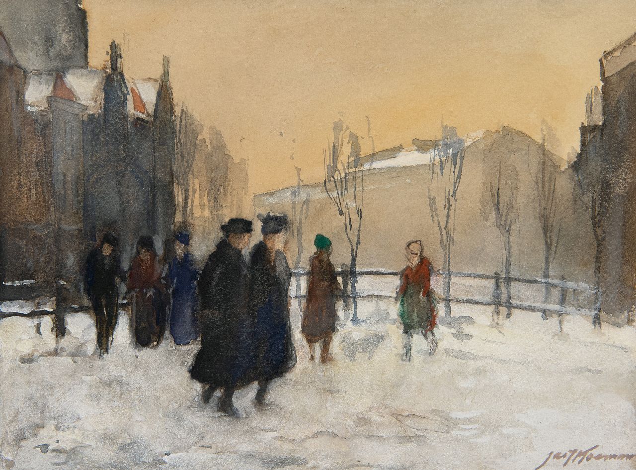 Koeman J.J. | Jacobus Jan 'Jac. J.' Koeman, Figuren in de sneeuw, Amsterdam, aquarel op papier 19,2 x 25,4 cm, gesigneerd rechtsonder Koeman J.J. | Jacobus Jan 'Jac. J.' Koeman, Figuren in de sneeuw, Amsterdam, aquarel op papier 19,2 x 25,4 cm, gesigneerd rechtsonder