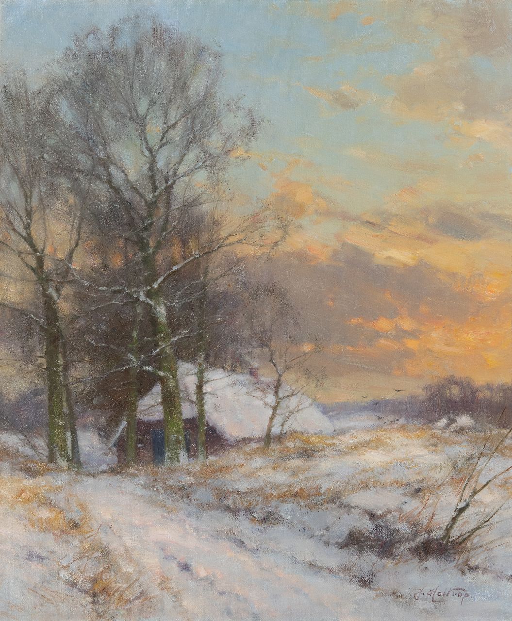 Holtrup J.  | Jan Holtrup | Schilderijen te koop aangeboden | Boerderij aan winterse bosrand in de Achterhoek, olieverf op doek 60,3 x 49,8 cm, gesigneerd rechtsonder