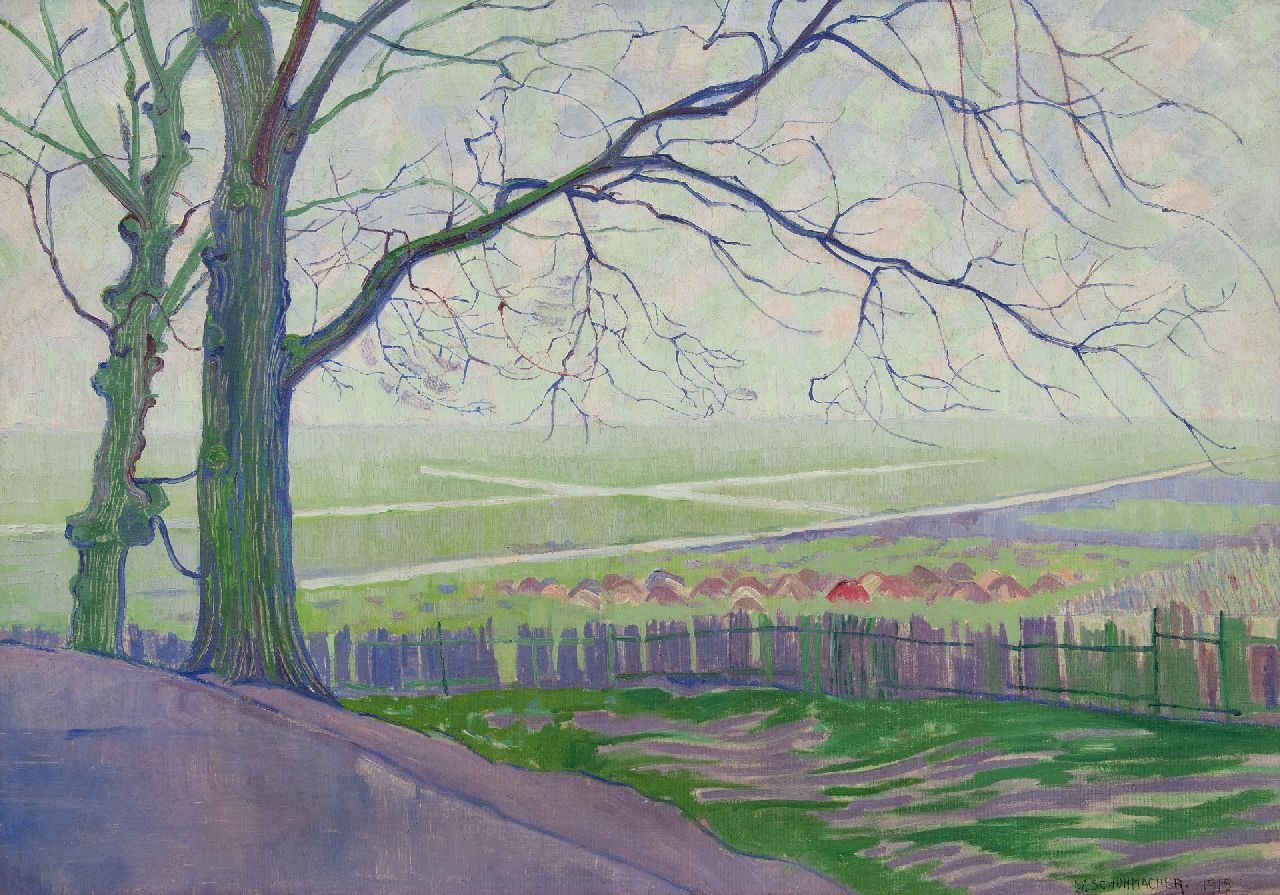 Schuhmacher W.G.C.  | Wijtze Gerrit Carel 'Wim' Schuhmacher | Schilderijen te koop aangeboden | Landschap bij Hillegersberg met bomen op de voorgrond, olieverf op doek 56,5 x 80,7 cm, gesigneerd rechtsonder en gedateerd 1915