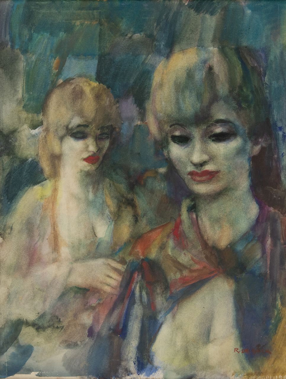 Buck R. de | Raphaël de Buck | Aquarellen en tekeningen te koop aangeboden | Twee vrouwen in het café, aquarel op papier 69,0 x 53,0 cm, gesigneerd rechtsonder Buck R. de | Raphaël de Buck | Aquarellen en tekeningen te koop aangeboden | Twee vrouwen in het café, aquarel op papier 69,0 x 53,0 cm, gesigneerd rechtsonder