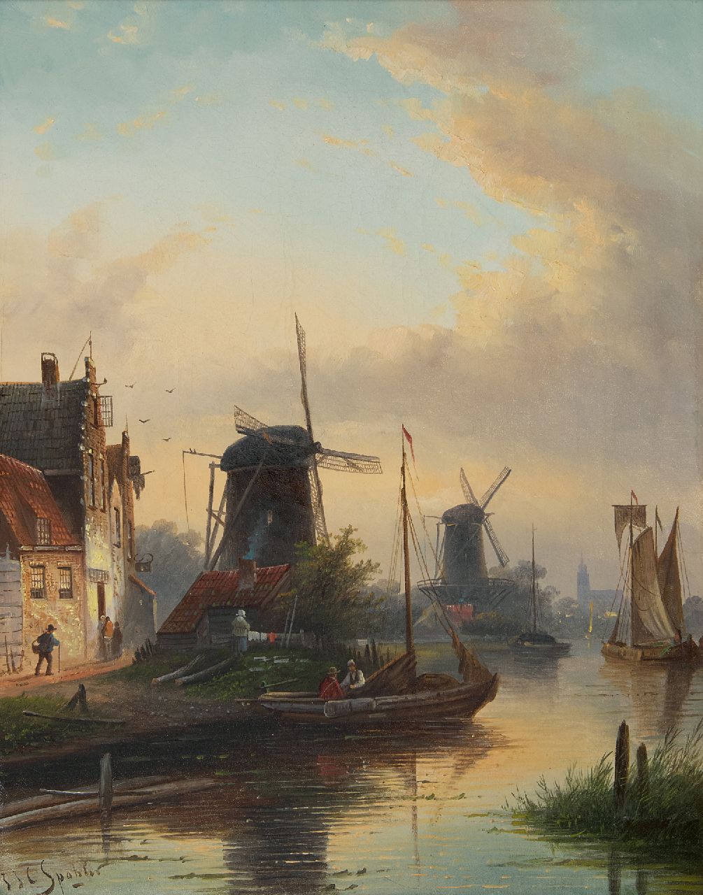 Spohler J.J.C. | Jacob Jan Coenraad Spohler, Zomers riviergezicht met molens, olieverf op doek 44,5 x 35,5 cm, gesigneerd linksonder Spohler J.J.C. | Jacob Jan Coenraad Spohler, Zomers riviergezicht met molens, olieverf op doek 44,5 x 35,5 cm, gesigneerd linksonder