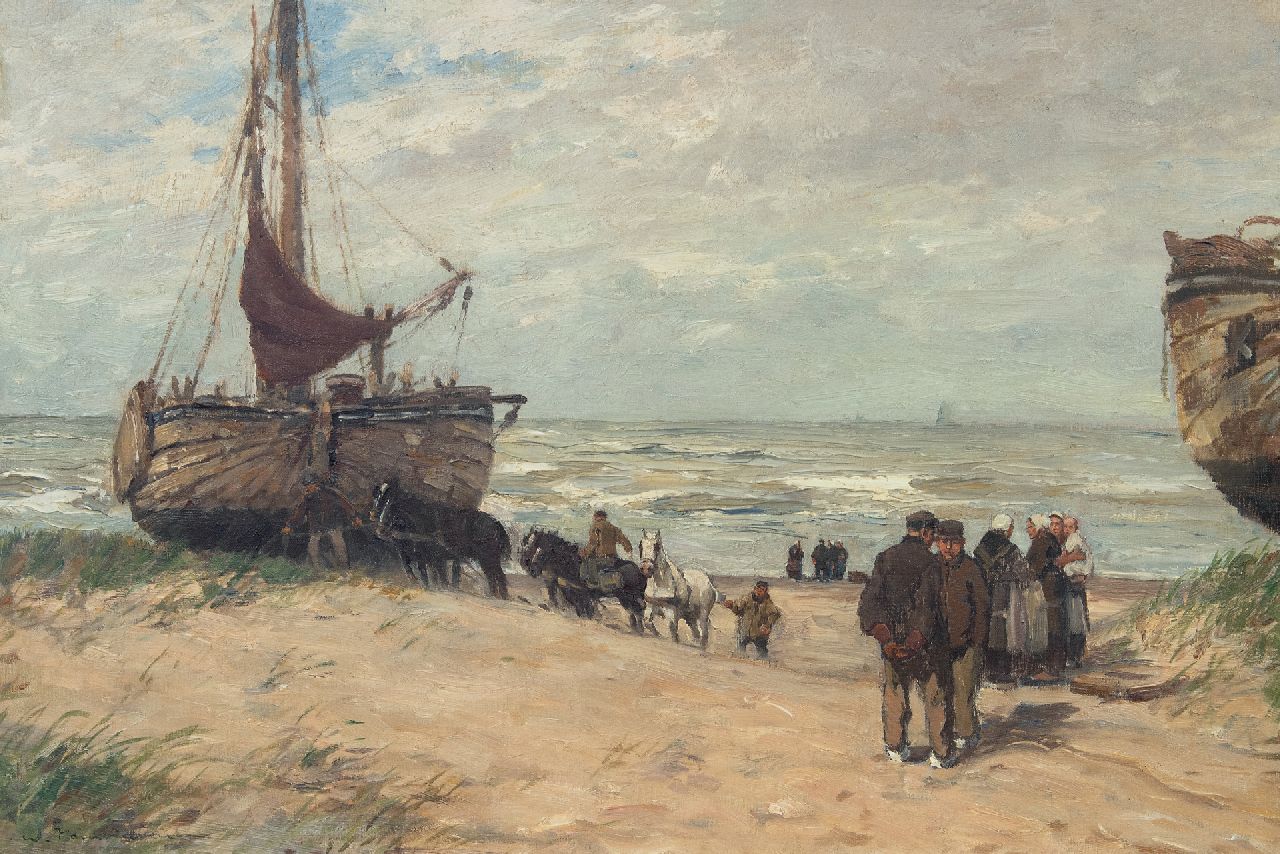 Hambüchen W. | Wilhelm Hambüchen, Bommen en vissersvolk op het strand van Katwijk, olieverf op doek 50,0 x 75,0 cm, gesigneerd linksonder Hambüchen W. | Wilhelm Hambüchen, Bommen en vissersvolk op het strand van Katwijk, olieverf op doek 50,0 x 75,0 cm, gesigneerd linksonder