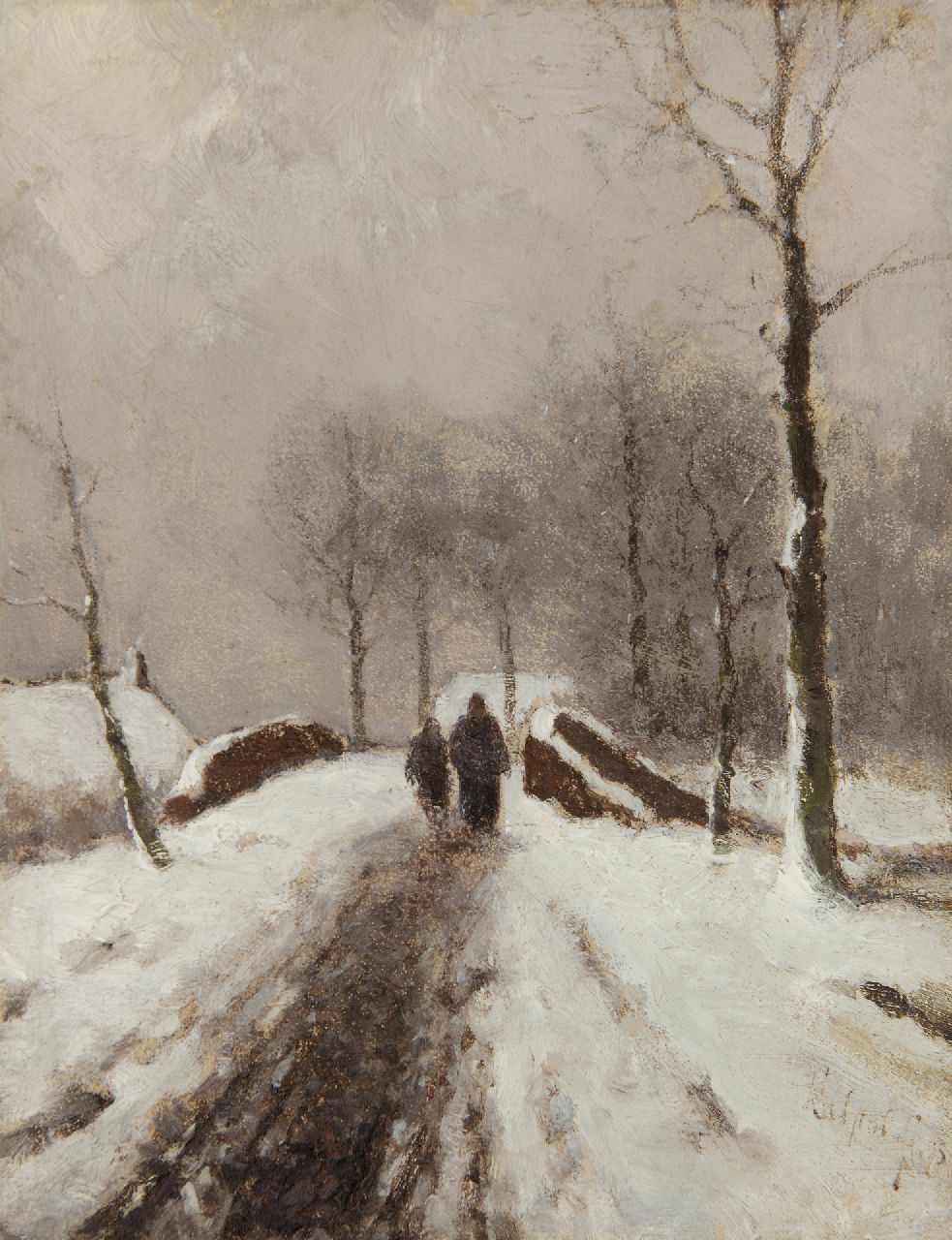 Apol L.F.H.  | Lodewijk Franciscus Hendrik 'Louis' Apol, Wandelaars op een besneeuwd pad, olieverf op paneel 19,0 x 14,9 cm, gesigneerd rechtsonder en gedateerd '75