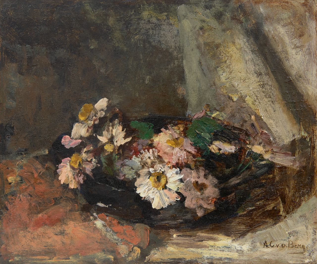 Berg A.C. van den | Anna Carolina 'Ans' van den Berg, Margrieten in een drijfschaal, olieverf op paneel 35,0 x 41,1 cm, gesigneerd rechtsonder Berg A.C. van den | Anna Carolina 'Ans' van den Berg, Margrieten in een drijfschaal, olieverf op paneel 35,0 x 41,1 cm, gesigneerd rechtsonder