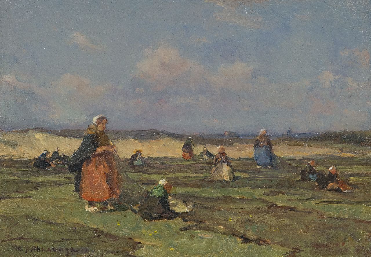 Akkeringa J.E.H.  | 'Johannes Evert' Hendrik Akkeringa, Nettenboetsters in de duinen, olieverf op paneel 17,2 x 24,3 cm, gesigneerd linksonder