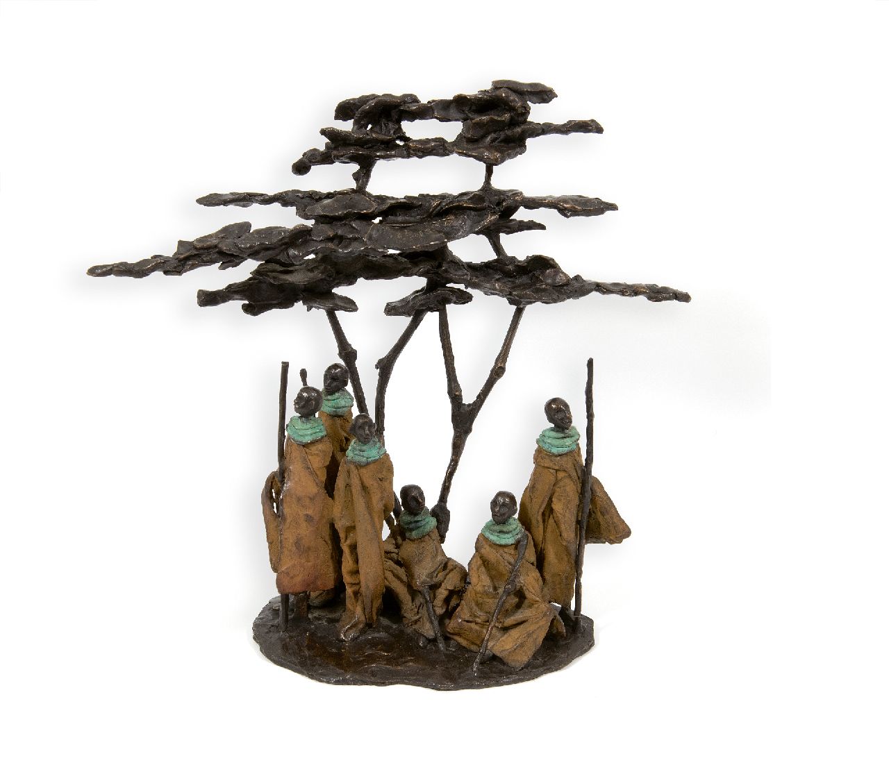 Houtkamp M.  | Marianne Houtkamp, Masai onder een Flame Tree, brons 40,0 cm, gesigneerd op basis met monogram