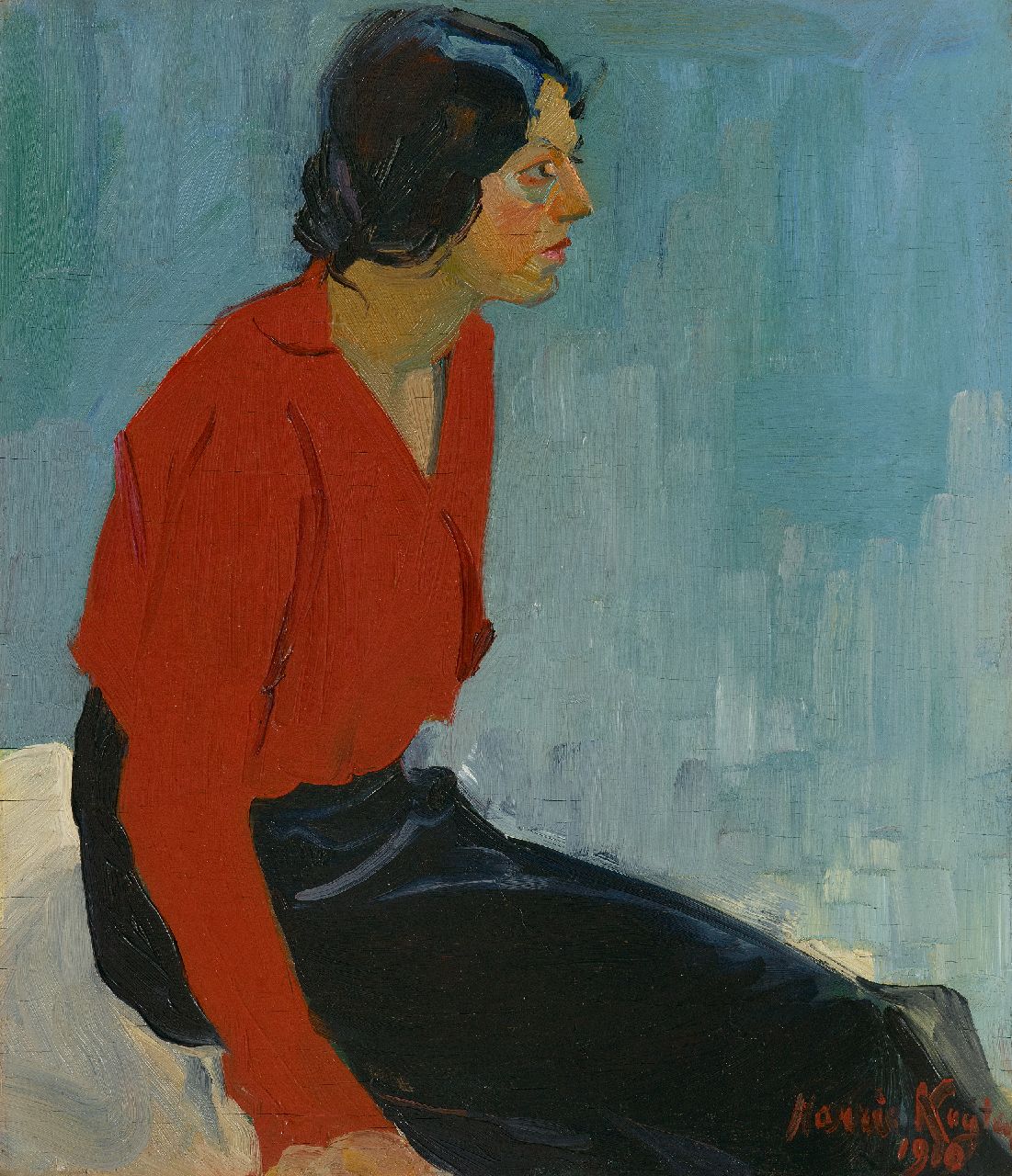 Kuijten H.J. | Henricus Johannes 'Harrie' Kuijten, Vrouw in rode blouse, olieverf op paneel 57,1 x 49,5 cm, gesigneerd rechtsonder en gedateerd 1910 Kuijten H.J. | Henricus Johannes 'Harrie' Kuijten, Vrouw in rode blouse, olieverf op paneel 57,1 x 49,5 cm, gesigneerd rechtsonder en gedateerd 1910