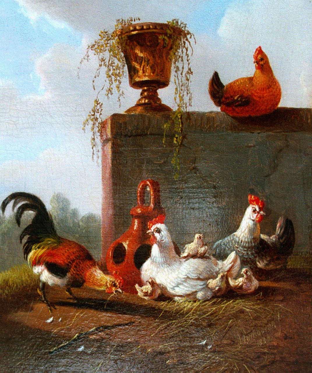 Verhoesen A. | Albertus Verhoesen, Pluimvee bij stenen pot, olieverf op paneel 12,1 x 10,2 cm, gesigneerd rechtsonder en gedateerd 1857 Verhoesen A. | Albertus Verhoesen, Pluimvee bij stenen pot, olieverf op paneel 12,1 x 10,2 cm, gesigneerd rechtsonder en gedateerd 1857