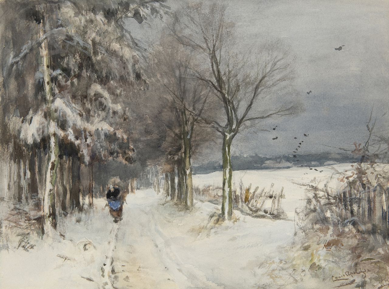 Apol L.F.H. | Lodewijk Franciscus Hendrik 'Louis' Apol, Sneeuwlandschap met houtsprokkelaarster, aquarel en gouache op papier 40,1 x 53,1 cm, gesigneerd rechtsonder Apol L.F.H. | Lodewijk Franciscus Hendrik 'Louis' Apol, Sneeuwlandschap met houtsprokkelaarster, aquarel en gouache op papier 40,1 x 53,1 cm, gesigneerd rechtsonder