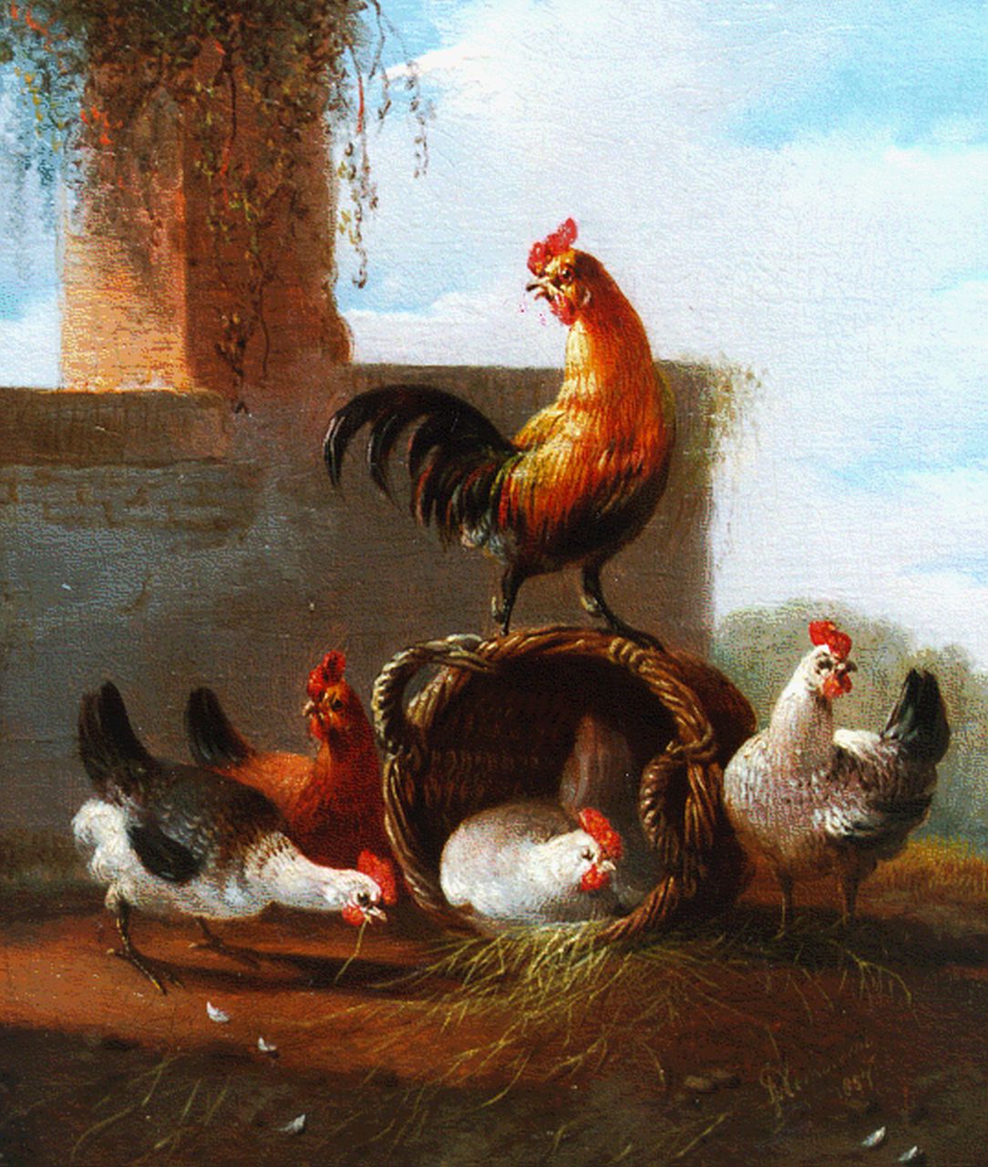 Verhoesen A. | Albertus Verhoesen, Pluimvee bij mand, olieverf op paneel 12,1 x 10,2 cm, gesigneerd rechtsonder en gedateerd 1857 Verhoesen A. | Albertus Verhoesen, Pluimvee bij mand, olieverf op paneel 12,1 x 10,2 cm, gesigneerd rechtsonder en gedateerd 1857