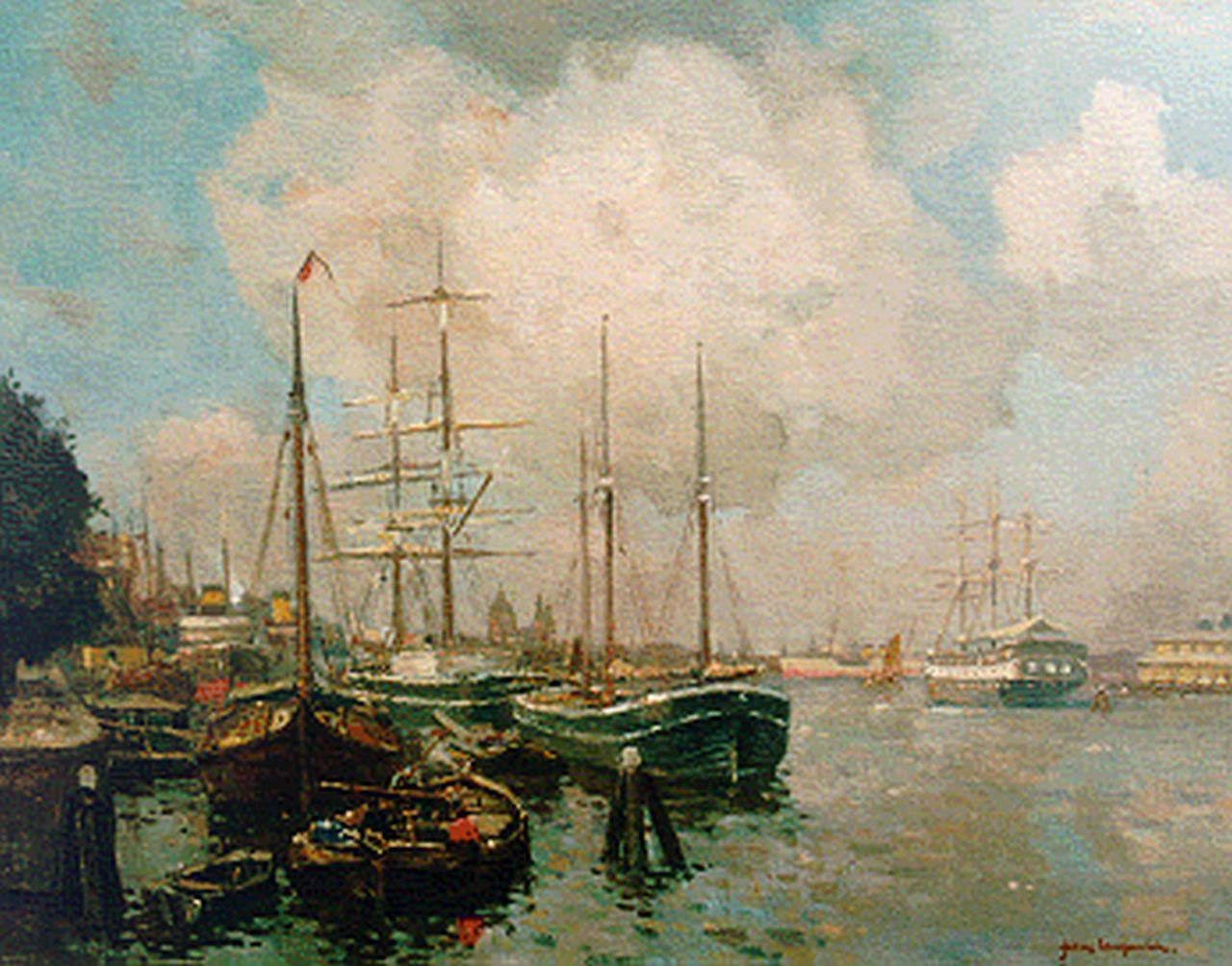 Langeveld F.A. | Franciscus Arnoldus 'Frans' Langeveld, De haven van Amsterdam, olieverf op doek 60,0 x 76,2 cm, gesigneerd rechtsonder Langeveld F.A. | Franciscus Arnoldus 'Frans' Langeveld, De haven van Amsterdam, olieverf op doek 60,0 x 76,2 cm, gesigneerd rechtsonder