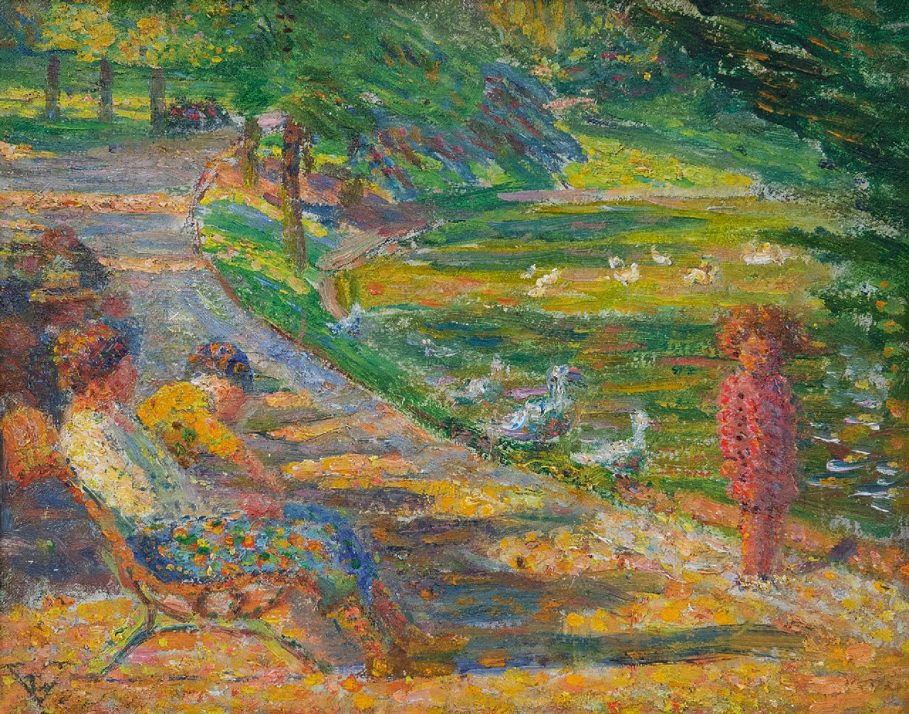Ludovic Vallée | Een zomerse dag in het park, olieverf op board, 18,4 x 24,1 cm, gesigneerd l.o. met monogram en te dateren ca. 1938