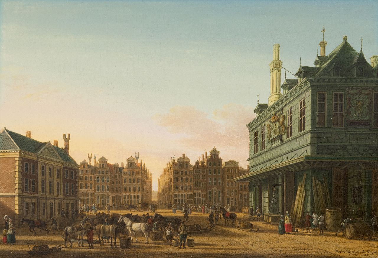 Fargue P.C. la | Paulus Constantijn la Fargue, Gezicht op de Dam met de Oude Waag in Amsterdam, gezien naar de Beurssteeg, olieverf op paneel 31,3 x 45,8 cm, gesigneerd rechtsonder en gedateerd 1780 Fargue P.C. la | Paulus Constantijn la Fargue, Gezicht op de Dam met de Oude Waag in Amsterdam, gezien naar de Beurssteeg, olieverf op paneel 31,3 x 45,8 cm, gesigneerd rechtsonder en gedateerd 1780