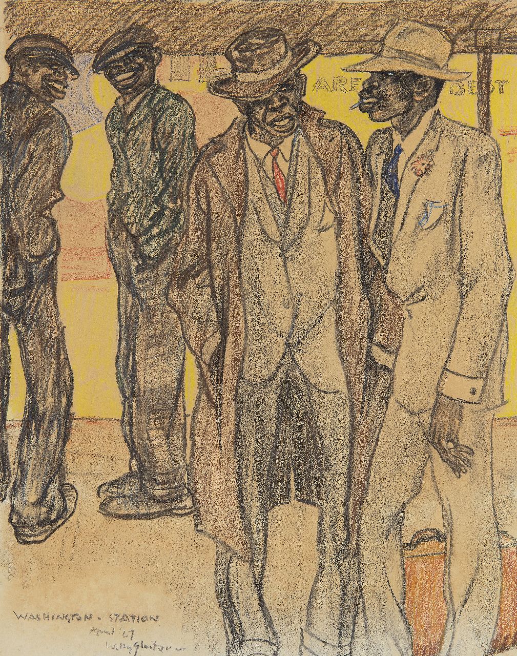 Sluiter J.W. | Jan Willem 'Willy' Sluiter | Aquarellen en tekeningen te koop aangeboden | Op het perron, Washington Station, zwart en gekleurd krijt op papier 46,5 x 36,6 cm, gesigneerd linksonder en gedateerd April '27 Sluiter J.W. | Jan Willem 'Willy' Sluiter | Aquarellen en tekeningen te koop aangeboden | Op het perron, Washington Station, zwart en gekleurd krijt op papier 46,5 x 36,6 cm, gesigneerd linksonder en gedateerd April '27