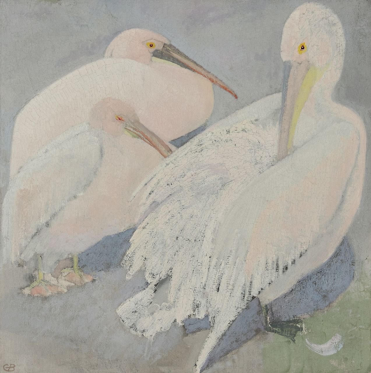 Bruigom M.C. | Margaretha Cornelia 'Greta' Bruigom | Schilderijen te koop aangeboden | Drie pelikanen, olieverf op doek 60,3 x 60,1 cm, gesigneerd linksonder met monogram Bruigom M.C. | Margaretha Cornelia 'Greta' Bruigom | Schilderijen te koop aangeboden | Drie pelikanen, olieverf op doek 60,3 x 60,1 cm, gesigneerd linksonder met monogram