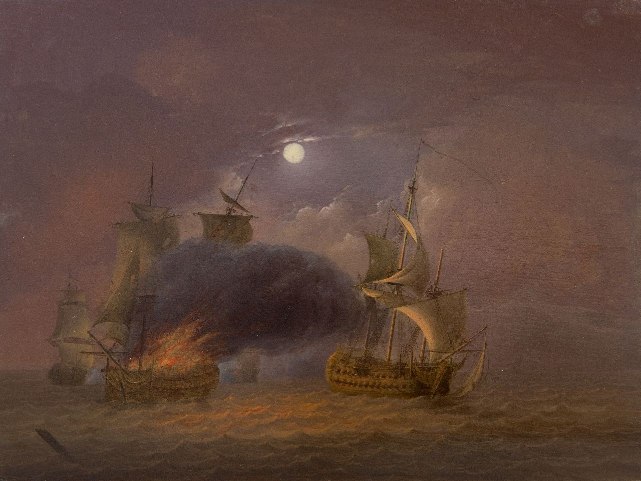 Os J. van | Jan van Os, Zeeslag bij Camperduin bij volle maan, olieverf op paneel 26,6 x 35,3 cm, gesigneerd linksonder en te dateren ca. 1800
