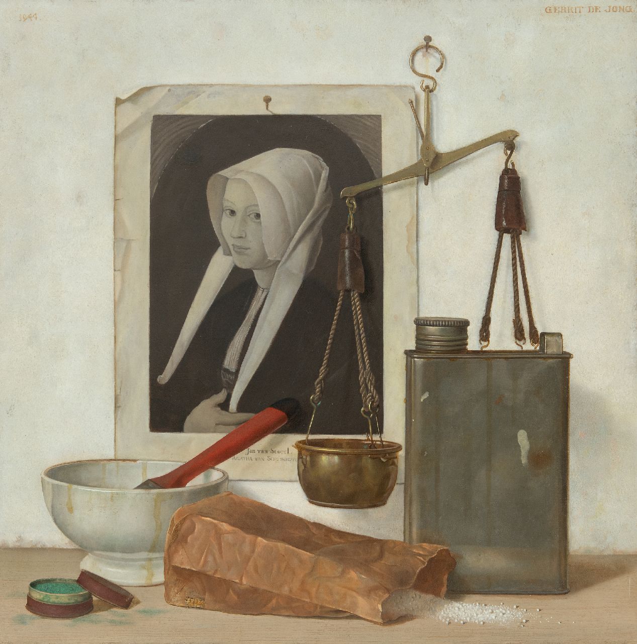 Jong G. de | Gerrit de Jong, Stilleven met witte kom, weegschaal en afbeelding van schilderij van Jan van Scorel, olieverf op doek 50,3 x 50,3 cm, gesigneerd rechtsboven en gedateerd 1944 Jong G. de | Gerrit de Jong, Stilleven met witte kom, weegschaal en afbeelding van schilderij van Jan van Scorel, olieverf op doek 50,3 x 50,3 cm, gesigneerd rechtsboven en gedateerd 1944