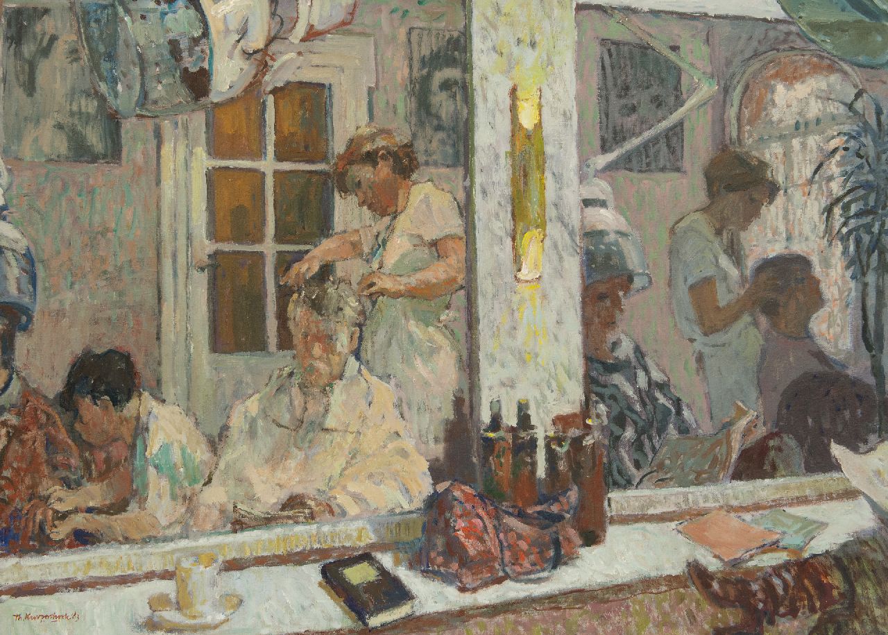 Kurpershoek T.L.  | Theodorus Lambertus 'Theo' Kurpershoek, Zelfportret in de spiegel van de kapsalon, olieverf op doek 80,4 x 110,2 cm, gesigneerd linksonder en gedateerd '83