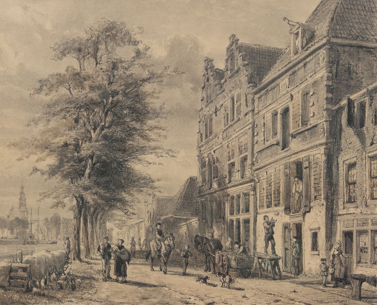 Springer C.  | Cornelis Springer, De Doelenkade te Hoorn bij zomer, houtskool op papier 51,2 x 63,5 cm, gesigneerd linksonder en gedateerd 29 nov. '74