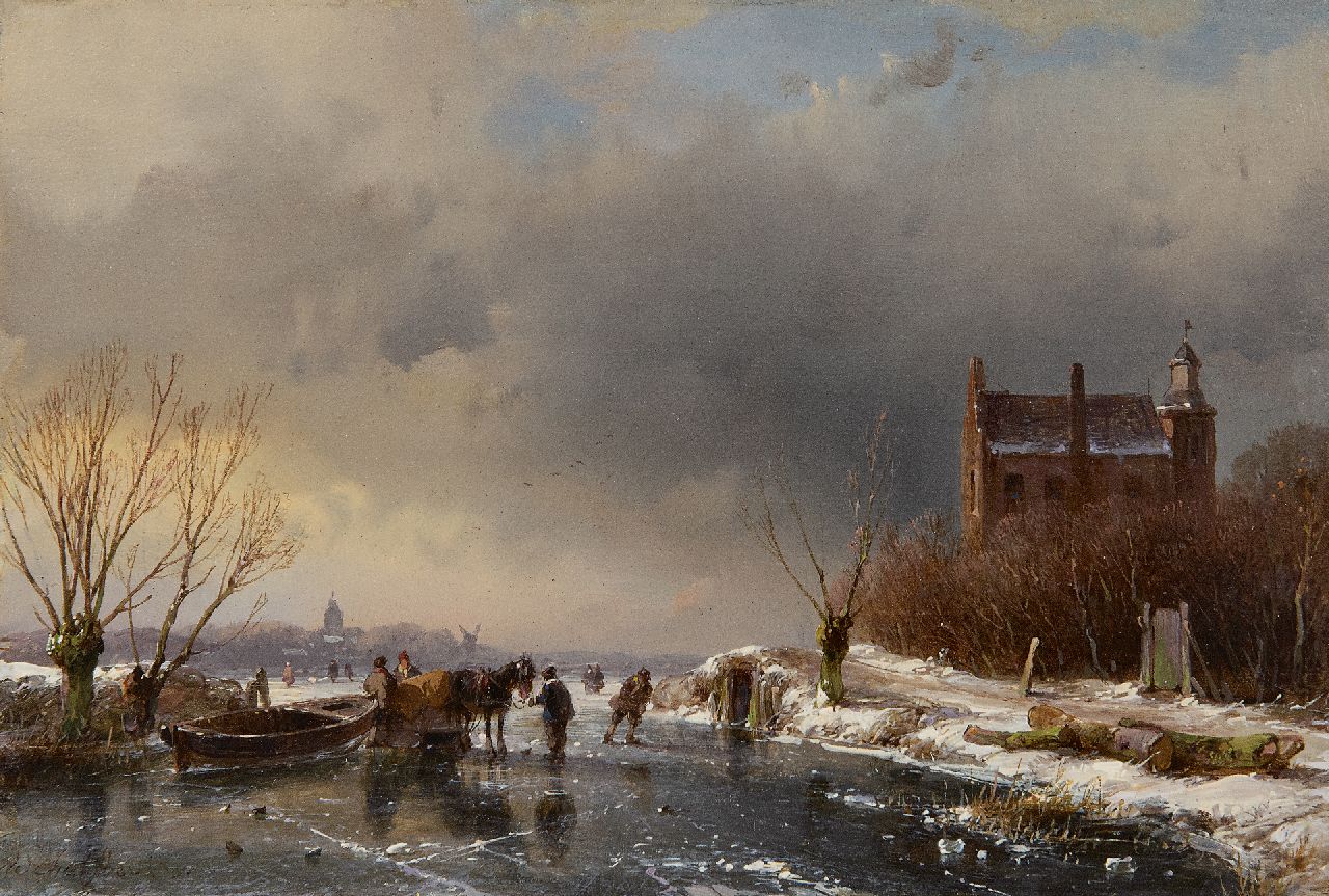 Schelfhout A. | Andreas Schelfhout, IJsgezicht met schaatsers bij een kasteel, olieverf op paneel 15,3 x 22,7 cm, gesigneerd linksonder en gedateerd '51 Schelfhout A. | Andreas Schelfhout, IJsgezicht met schaatsers bij een kasteel, olieverf op paneel 15,3 x 22,7 cm, gesigneerd linksonder en gedateerd '51