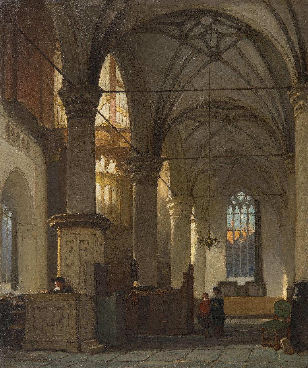 Bosboom J.  | Johannes Bosboom, Interieur van de Grote of Sint-Laurenskerk in Alkmaar, olieverf op paneel 43,1 x 36,1 cm, gesigneerd linksonder