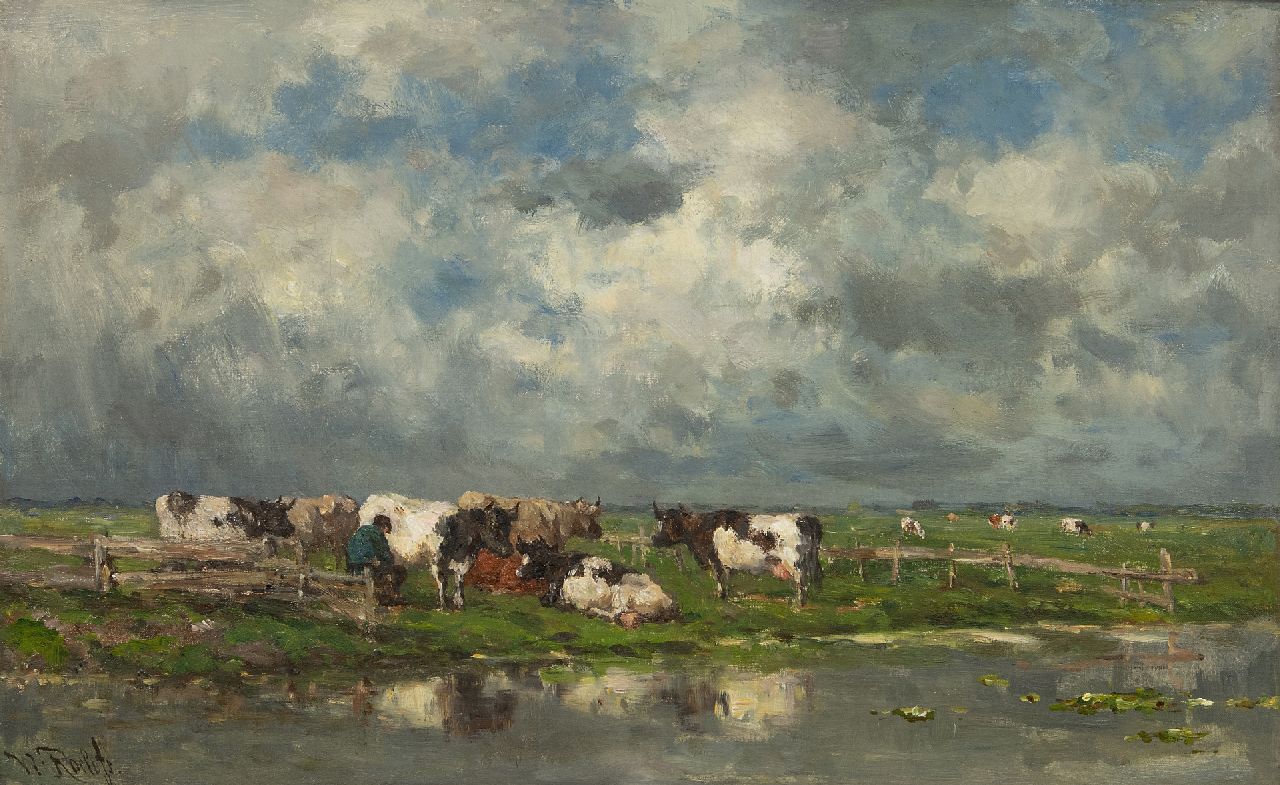 Roelofs W. | Willem Roelofs, Melktijd, olieverf op doek 37,3 x 58,4 cm, gesigneerd linksonder en te dateren ca. 1886 Roelofs W. | Willem Roelofs, Melktijd, olieverf op doek 37,3 x 58,4 cm, gesigneerd linksonder en te dateren ca. 1886