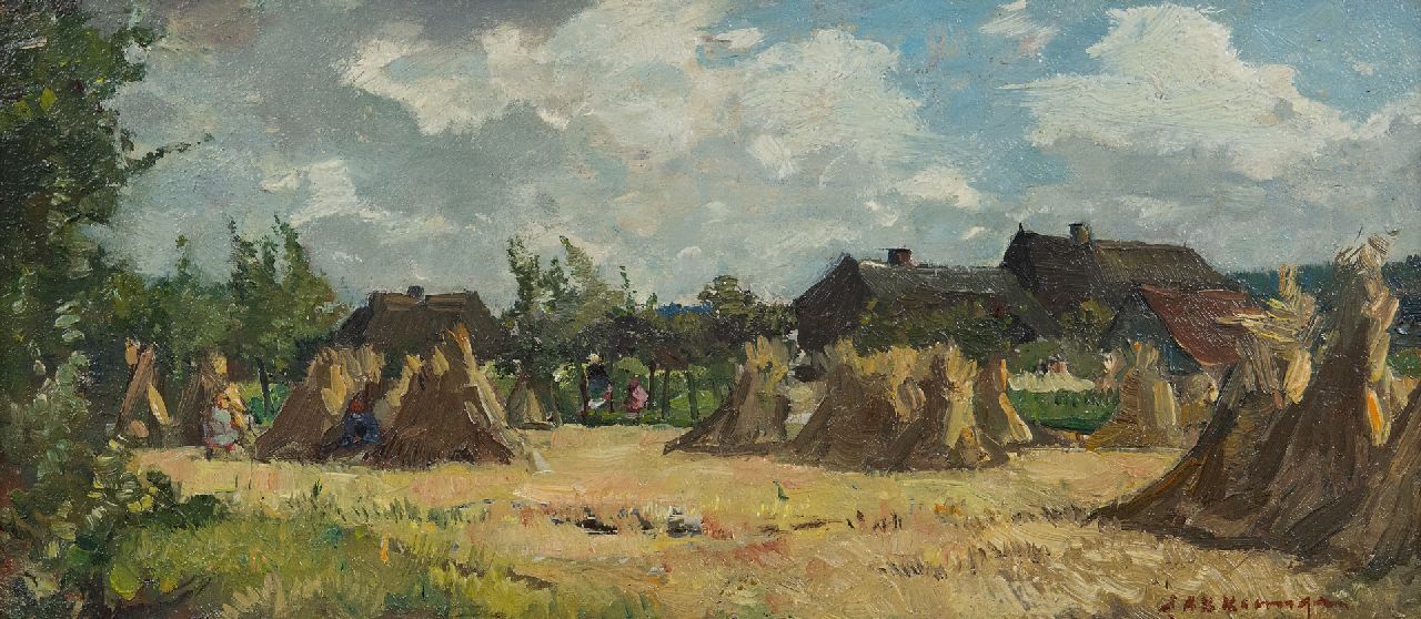 Akkeringa J.E.H. | 'Johannes Evert' Hendrik Akkeringa | Schilderijen te koop aangeboden | Spelende kinderen tussen korenschoven, olieverf op paneel 12,1 x 27,1 cm, gesigneerd rechtsonder Akkeringa J.E.H. | 'Johannes Evert' Hendrik Akkeringa | Schilderijen te koop aangeboden | Spelende kinderen tussen korenschoven, olieverf op paneel 12,1 x 27,1 cm, gesigneerd rechtsonder