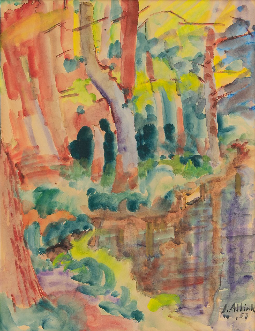 Altink J. | Jan Altink, Bos met vijver, aquarel op papier 61,7 x 46,7 cm, gesigneerd rechtsonder en gedateerd '55 Altink J. | Jan Altink, Bos met vijver, aquarel op papier 61,7 x 46,7 cm, gesigneerd rechtsonder en gedateerd '55