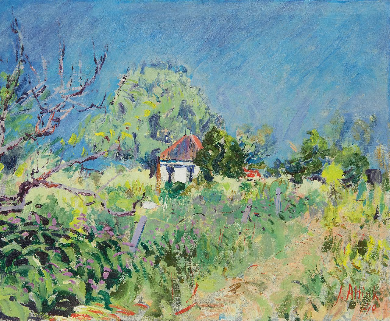 Altink J. | Jan Altink | Schilderijen te koop aangeboden | Blauwborgje; verso: Boerenlandschap met bloemen en met paard in de wei, olieverf op doek 44,0 x 53,3 cm, gesigneerd rechtsonder en gedateerd '40 Altink J. | Jan Altink | Schilderijen te koop aangeboden | Blauwborgje; verso: Boerenlandschap met bloemen en met paard in de wei, olieverf op doek 44,0 x 53,3 cm, gesigneerd rechtsonder en gedateerd '40