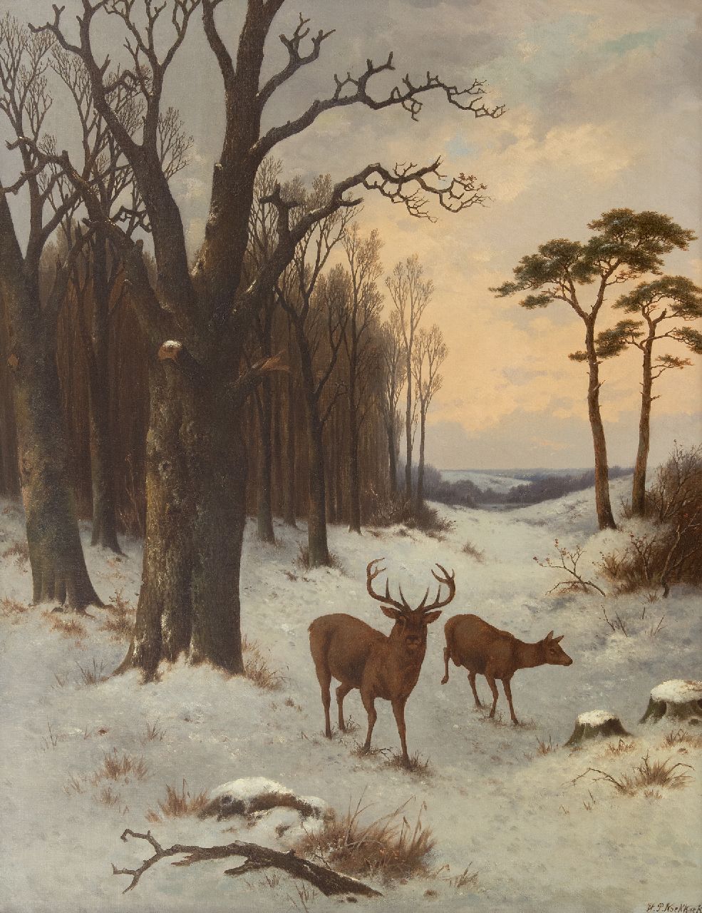 Koekkoek P.H. | Pieter Hendrik 'H.P.' Koekkoek, Herten in sneeuwlandschap, olieverf op doek 91,6 x 70,8 cm, gesigneerd rechtsonder en te dateren ca. 1870 Koekkoek P.H. | Pieter Hendrik 'H.P.' Koekkoek, Herten in sneeuwlandschap, olieverf op doek 91,6 x 70,8 cm, gesigneerd rechtsonder en te dateren ca. 1870