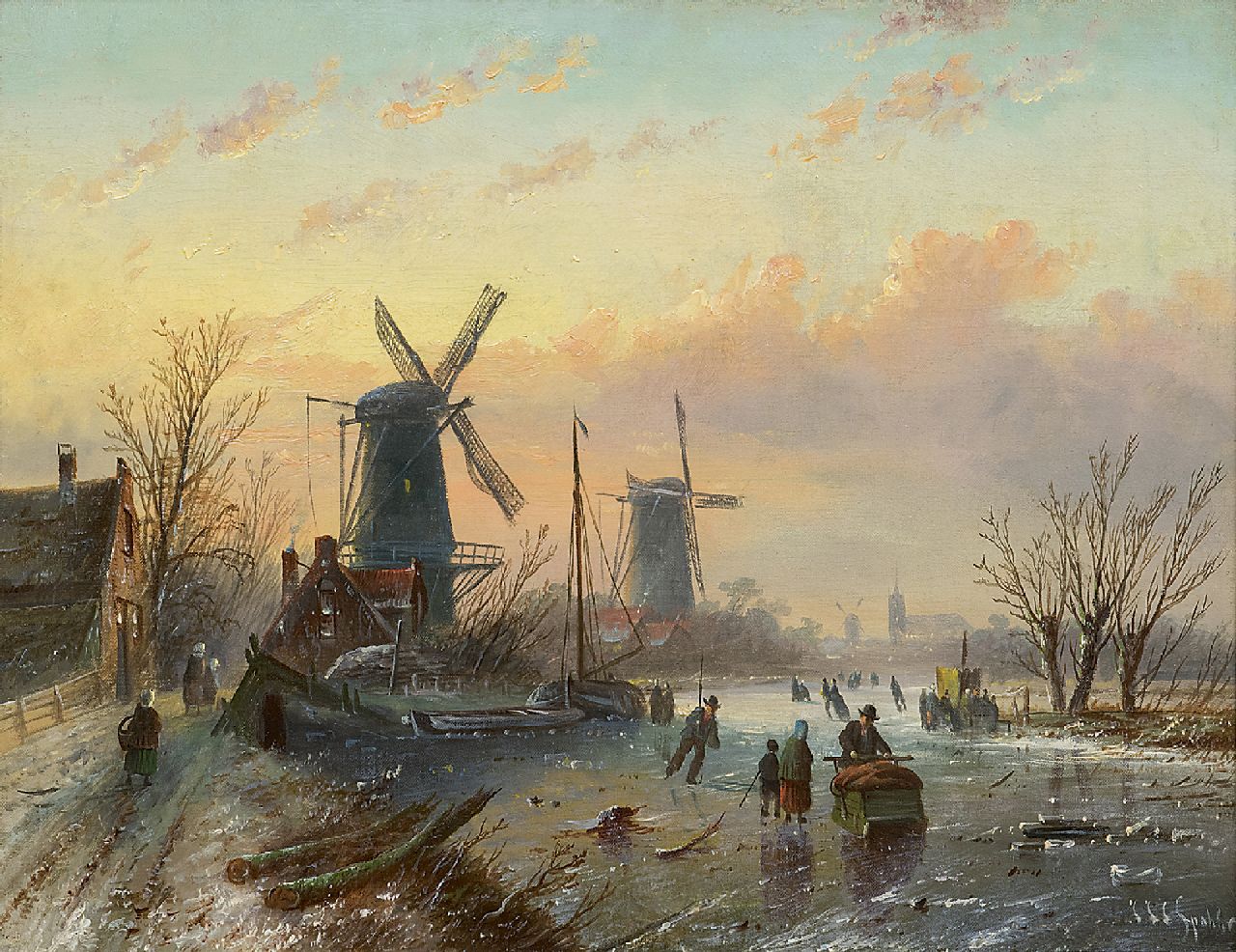 Spohler J.J.C. | Jacob Jan Coenraad Spohler, Schaatspret op een bevroren rivier bij molens, olieverf op doek 35,2 x 45,3 cm, gesigneerd rechtsonder Spohler J.J.C. | Jacob Jan Coenraad Spohler, Schaatspret op een bevroren rivier bij molens, olieverf op doek 35,2 x 45,3 cm, gesigneerd rechtsonder