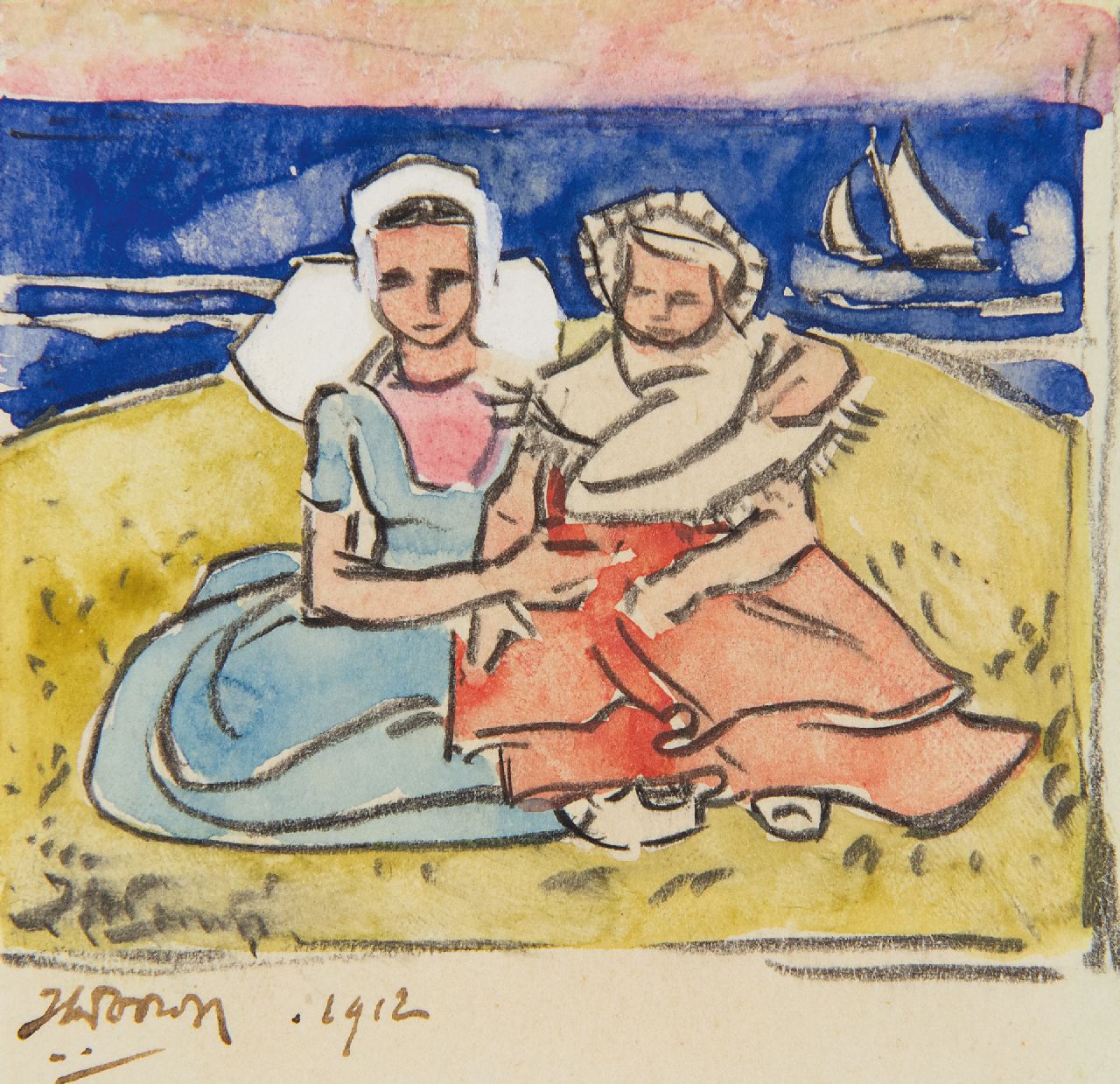 Toorop J.Th.  | Johannes Theodorus 'Jan' Toorop, Op het duin bij Domburg, zwart krijt en aquarel op papier 6,2 x 6,6 cm, gesigneerd linksonder (tweemaal) en gedateerd 1912