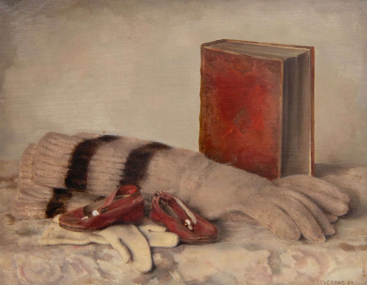 Everbag F.  | Franciscus 'Frans' Everbag | Schilderijen te koop aangeboden | Stilleven met handschoenen, boek en kinderschoentjes, olieverf op paneel 21,0 x 26,9 cm, gesigneerd rechtsonder en gedateerd '27
