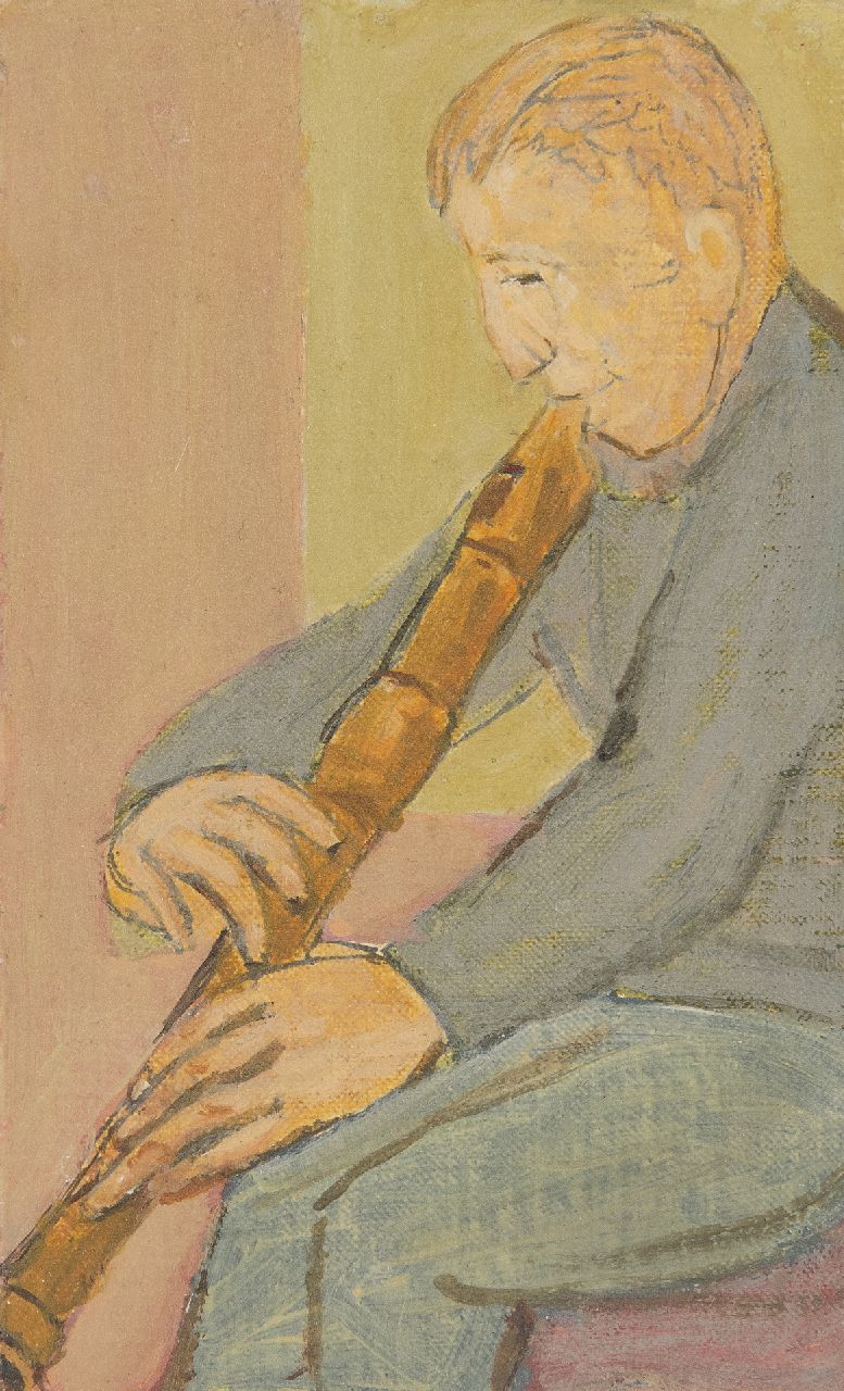 Onbekend   | Onbekend | Schilderijen te koop aangeboden | Blokfluitspeler, olieverf op doek op board 17,9 x 11,0 cm